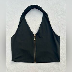 Gold zip up cropped halter top Shirt V-Neck Black Sz. Medium